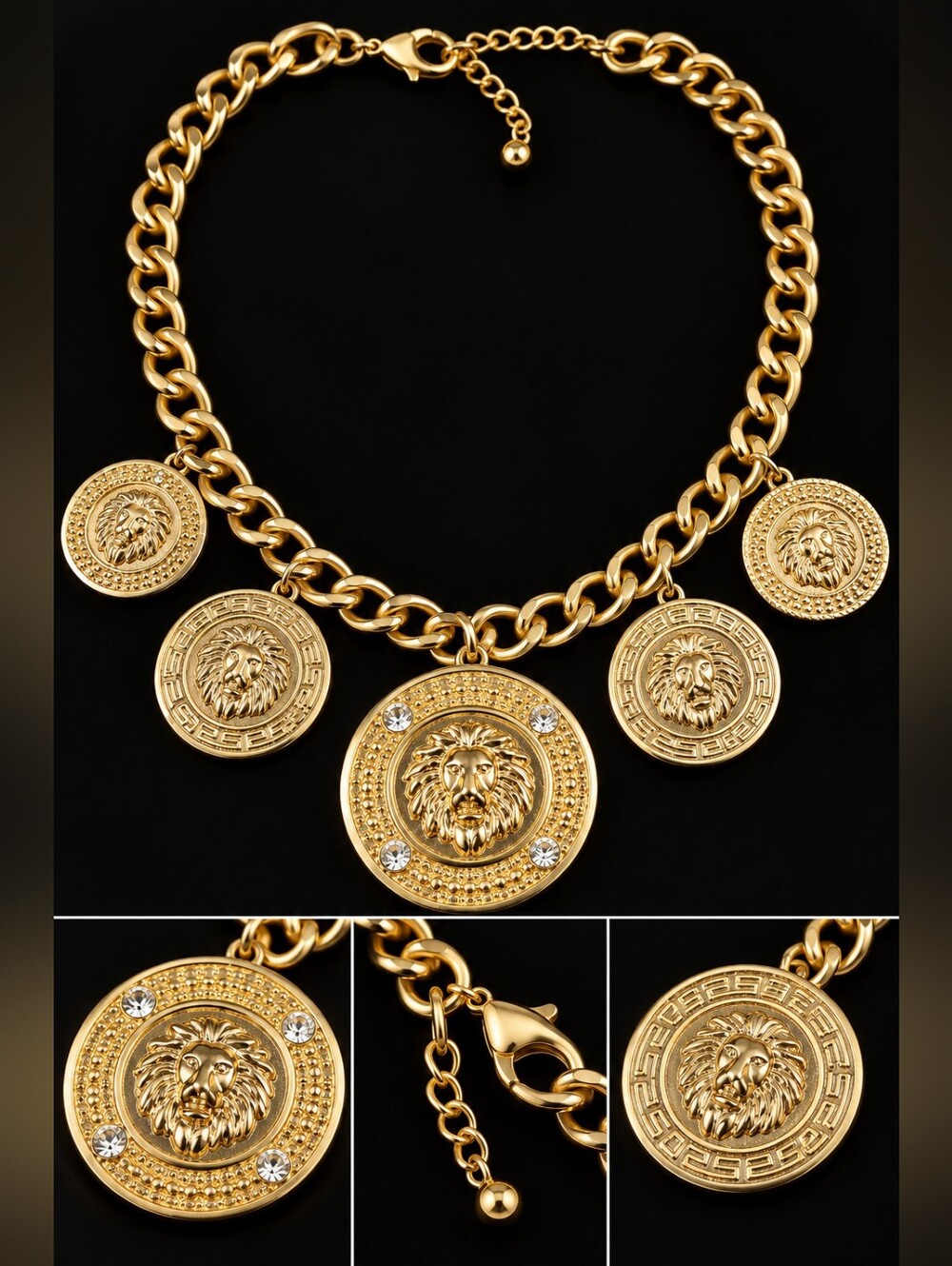 Vintage 80s Gold Tone Lion Medallions Statement Necklace